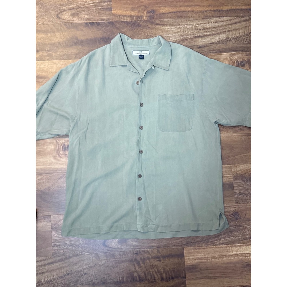 100% Silk Tommy Bahama Relax Mens Large Sage Green 100% Herringbone Camp Shirt